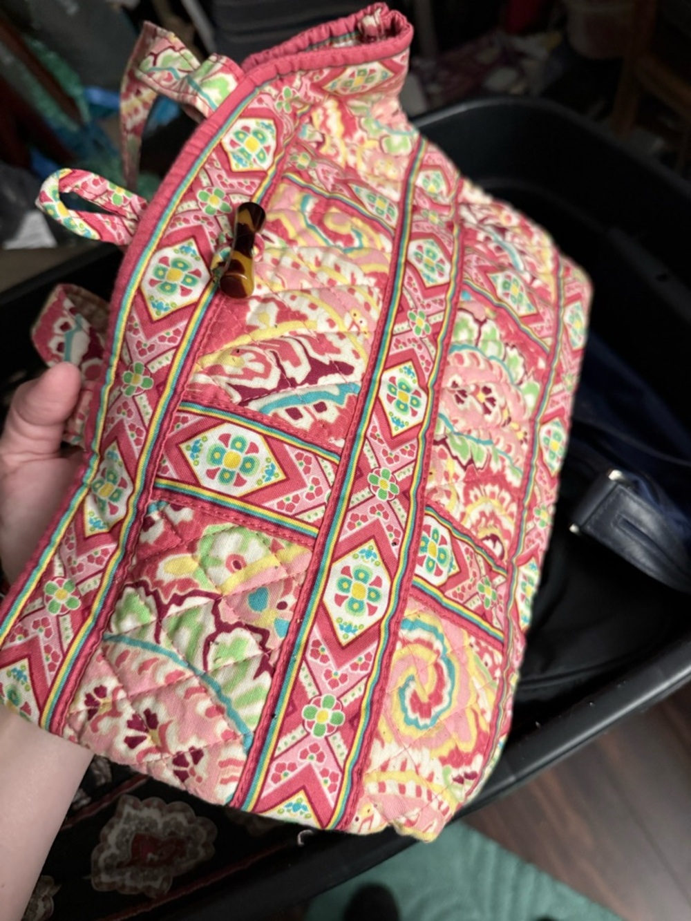 Vera Bradley Capri Melon toggle tote with a tic tac toe pattern